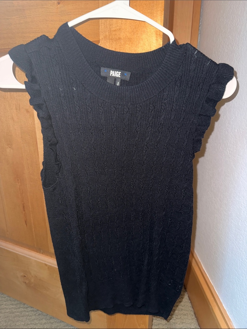 PAIGE Black Cable-Knit Ruffle Sleeve Tank S
